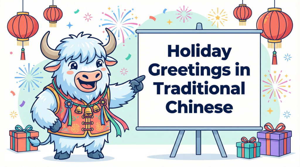 An English-speaking yak teaches Traditional Chinese, pointing to a whiteboard that says Christmas Greetings in Traditional Chinese.