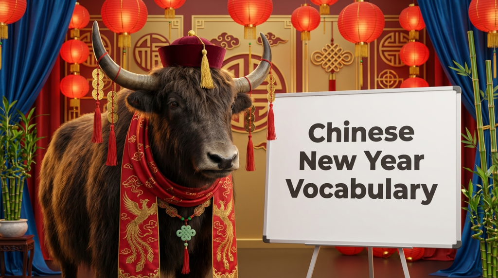 A yak dressed in Lunar New Year clothing is beside a whiteboard that says Chinese New Year Vocabulary