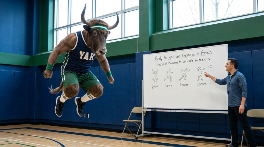 A yak teacher pointing to a whiteboard that displays the article title: Body Actions and Gestures in French