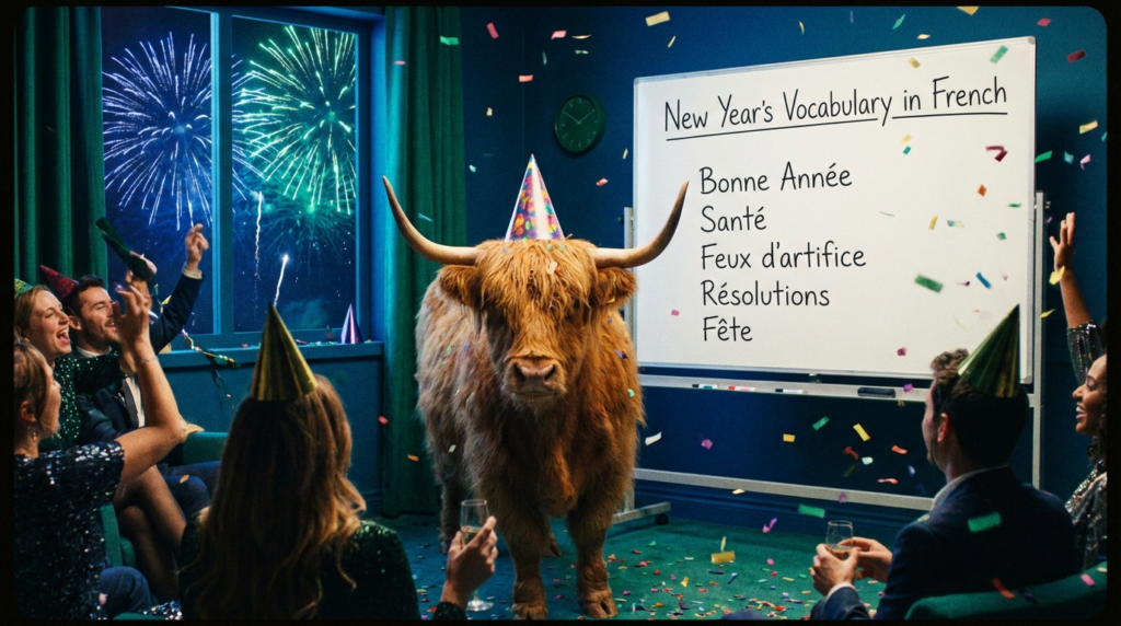 A yak teacher pointing to a whiteboard that displays “French New Year Vocabulary: 70+ Words & Phrases to Sound Festive