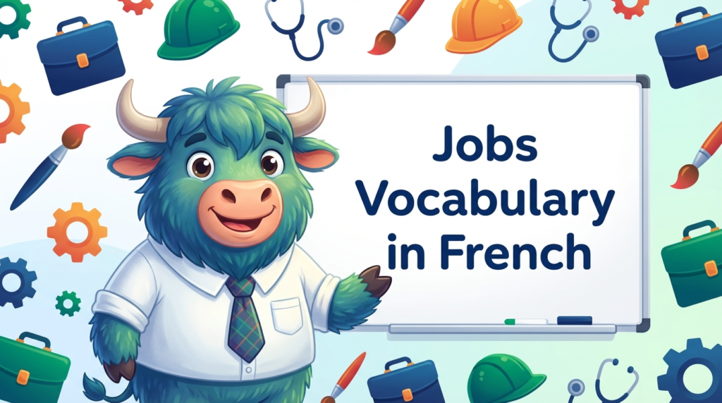 A yak teacher pointing to a whiteboard that displays French Jobs Vocabulary