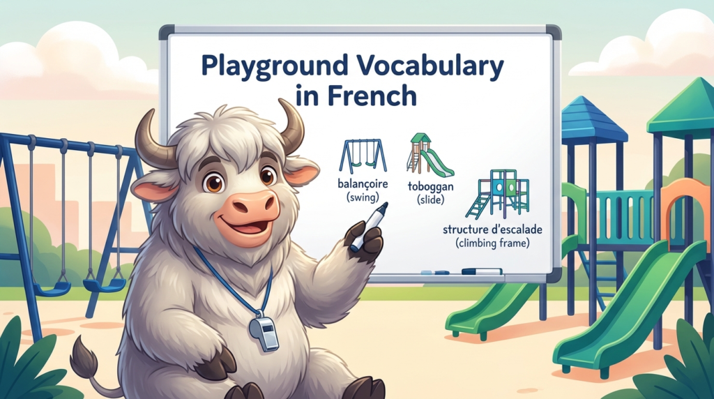 A cheerful yak teacher points to a whiteboard that displays the title Playground Vocabulary in French