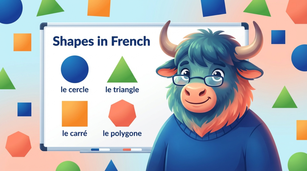 A yak teacher pointing to a whiteboard that displays the article title: French Shapes for Beginners