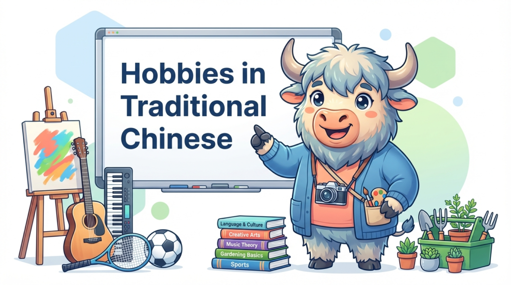 A personified yak teacher pointing to a whiteboard that says Traditional Chinese Hobbies (興趣／嗜好).