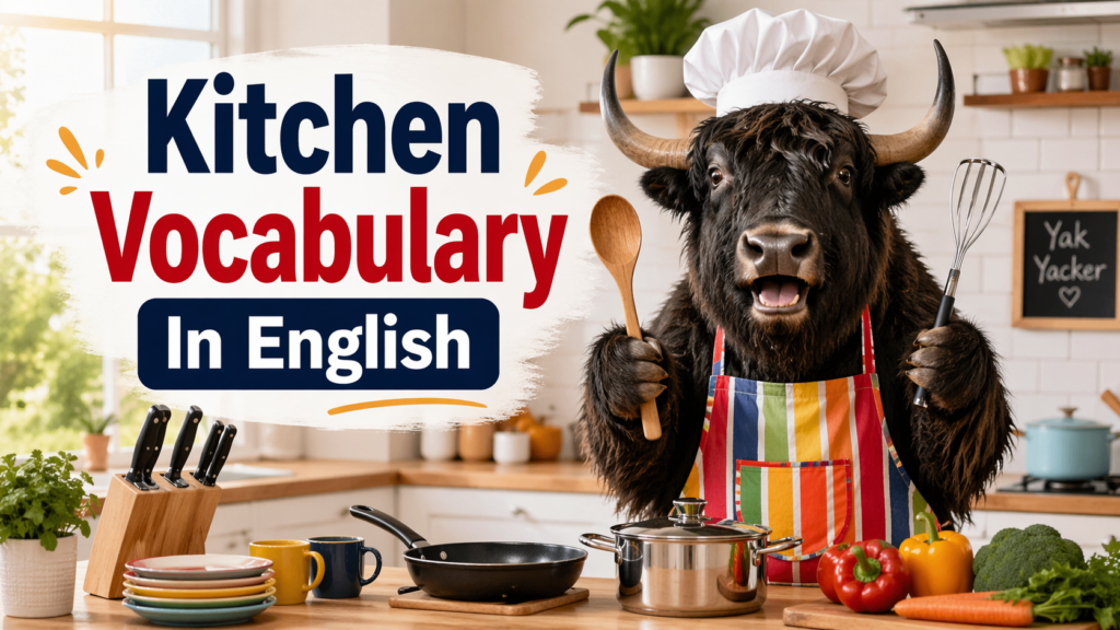 A personified yak English teacher that teaches kitchen vocabulary in English with utensils, appliances, cooking verbs, and real-life phrases.