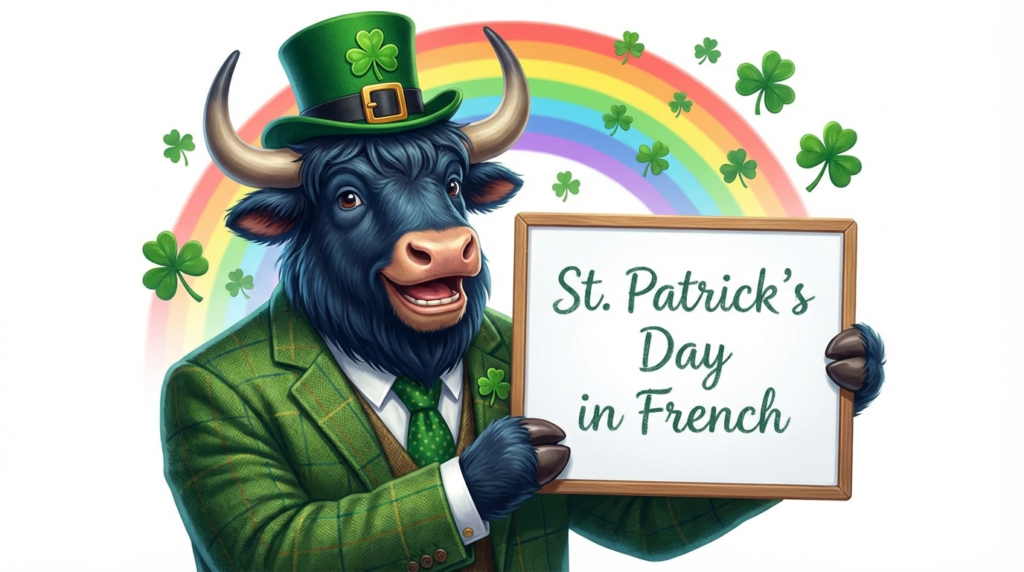 A yak teacher pointing to a whiteboard that displays St. Patrick’s Day in French