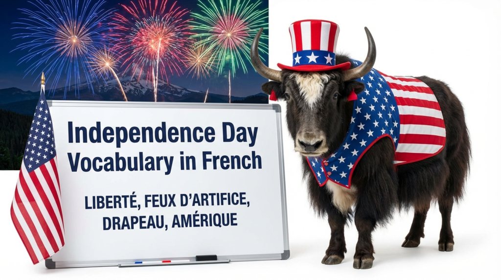 A yak teacher pointing to a whiteboard that displays Independence Day Vocabulary in French