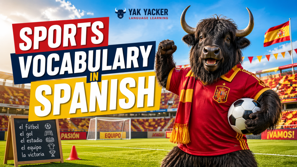 A yak soccer coach holding a soccer ball beside a sign that says Sports vocabulary in Spanish