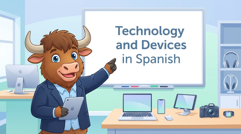 A yak teacher pointing to a whiteboard that displays the article title Technology and Devices in Spanish