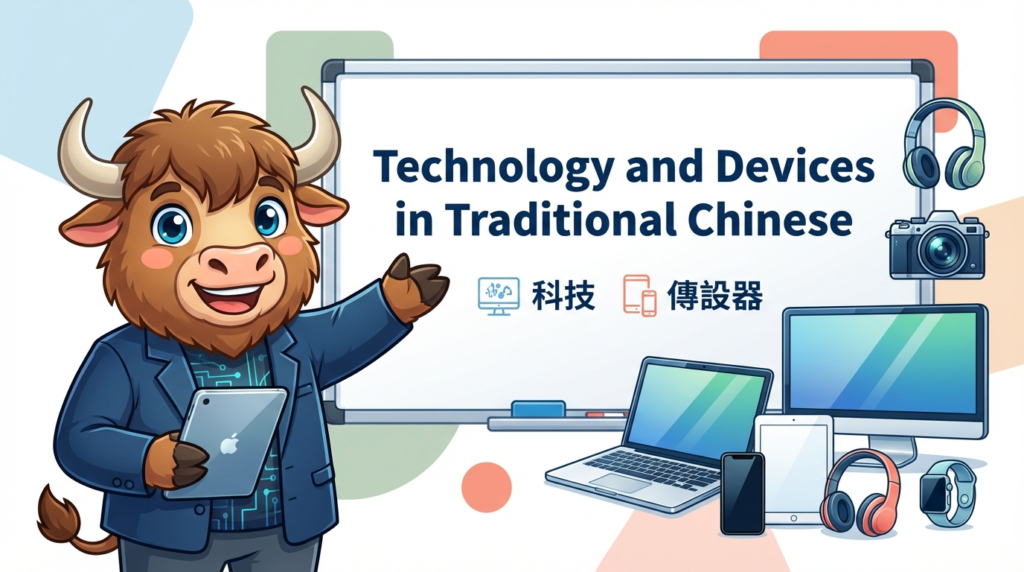 A personified yak teacher pointing to a whiteboard that says Technology and Devices in Traditional Chinese.
