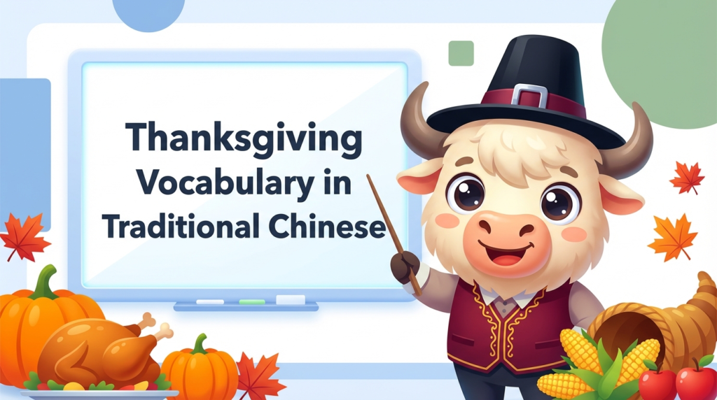 A personified yak teacher pointing to a whiteboard that says Thanksgiving Vocabulary in Traditional Chinese.