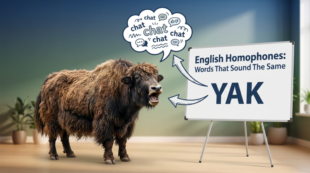 A yak pointing to a whiteboard that says Homephones in English