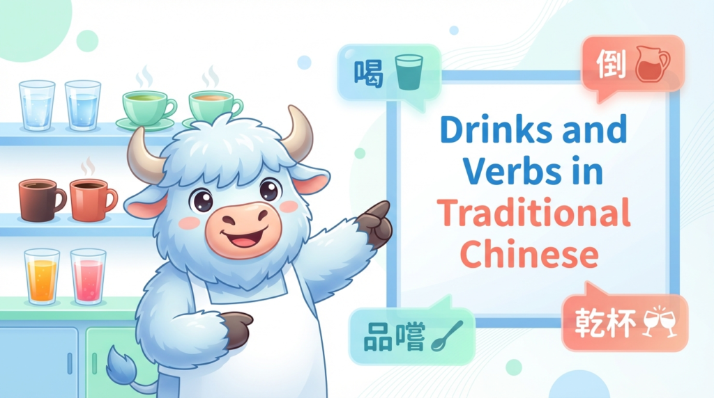An English-speaking yak teaches Traditional Chinese, pointing to a whiteboard that says Traditional Chinese Drinks & Verbs