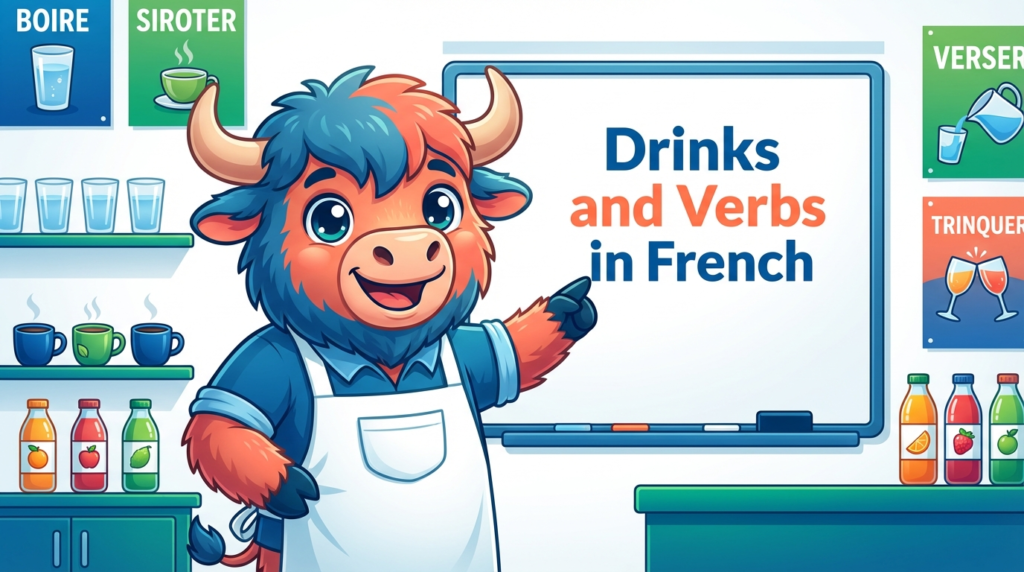 A yak teacher pointing to a whiteboard that displays the article title: Coffee, Cocktails & Drinks in French: 100+ Words & Phrases for Beginners