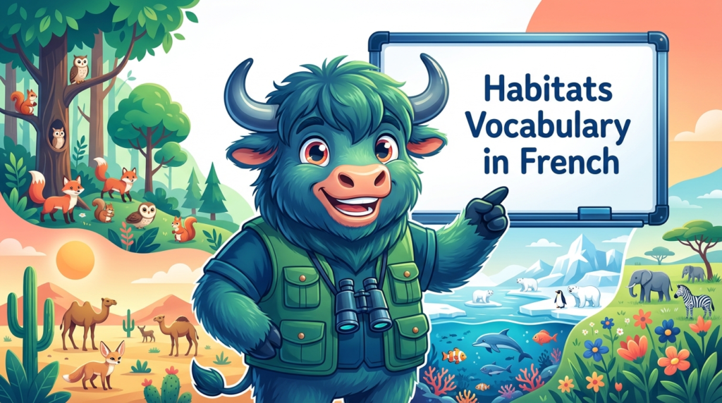 A yak teacher pointing to a whiteboard that displays the title: French Habitats Vocabulary