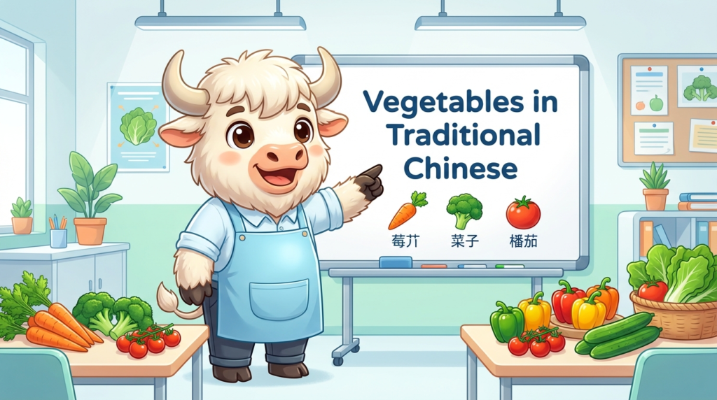 A personified yak teacher pointing to a whiteboard that says Vegetables in Traditional Chinese
