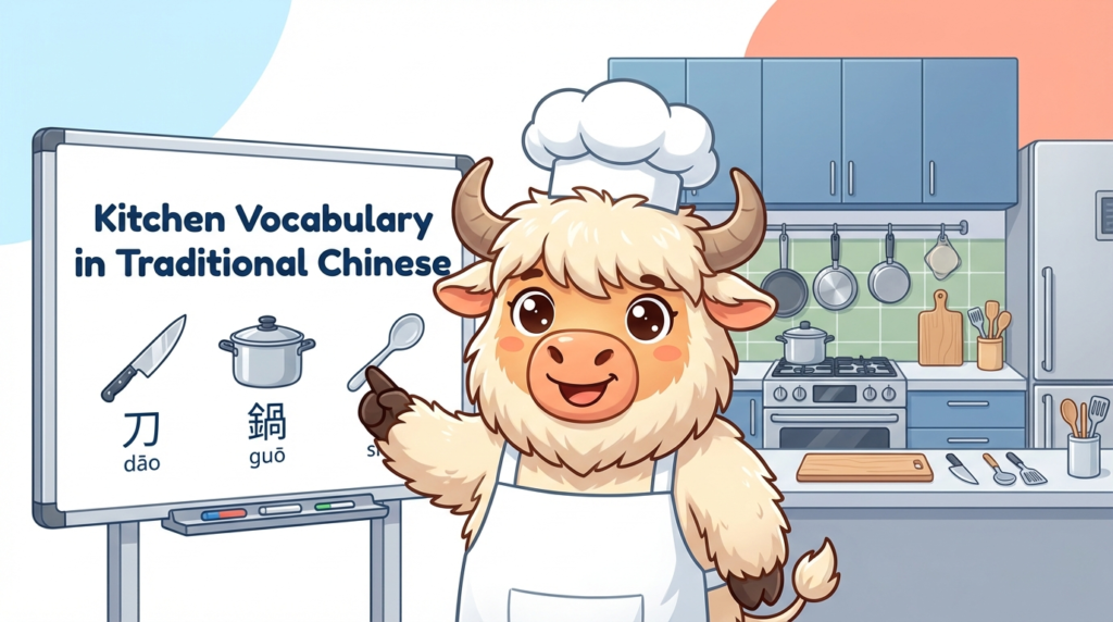 A personified yak teacher pointing to a whiteboard that says Kitchen Vocabulary in Traditional Chinese