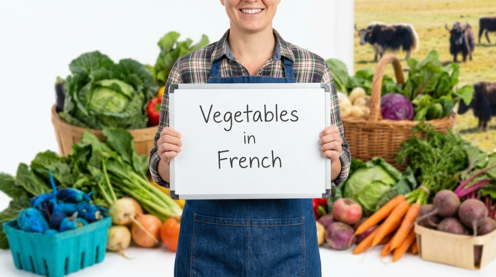 A yak teacher pointing to a whiteboard that displays the article title: Vegetables in French