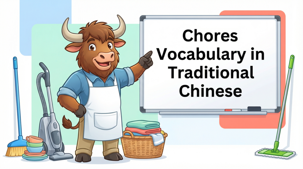An English-speaking yak teaches Traditional Chinese, pointing to a whiteboard that says Chores Vocabulary in Traditional Chinese