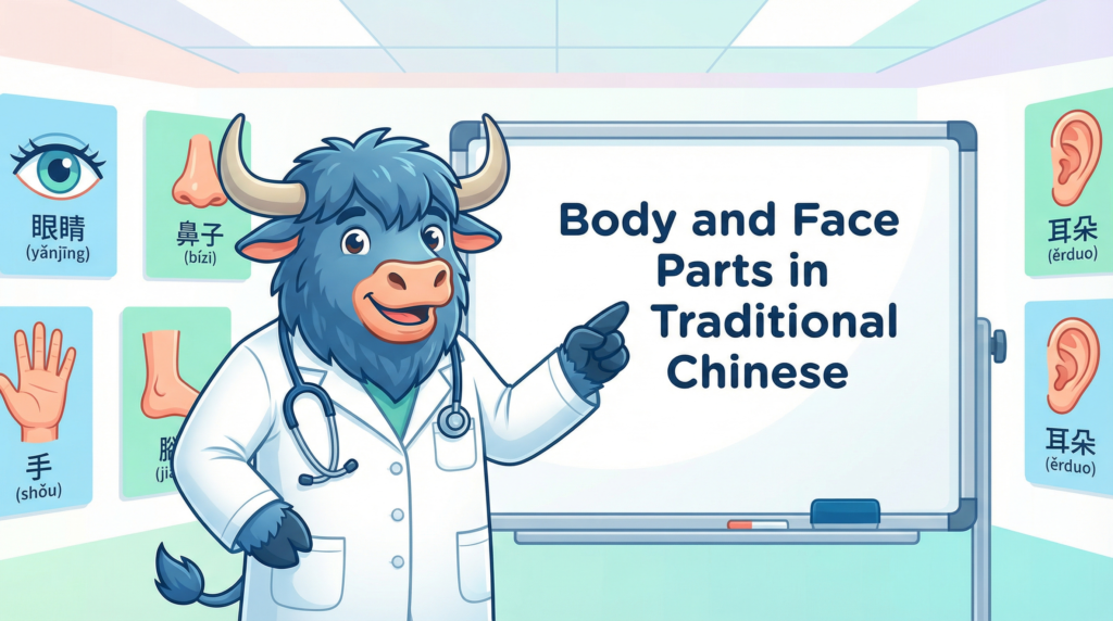 An English-speaking yak teaches Traditional Chinese, pointing to a whiteboard that says Body and Face Parts in Traditional Chinese.