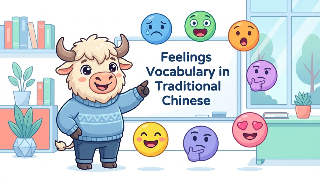 A yak teaches Traditional Chinese, pointing to a whiteboard that says Feelings Vocabulary in Traditional Chinese