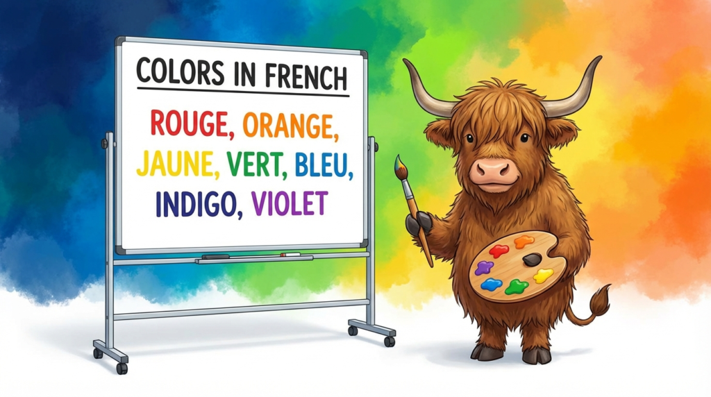 A yak teacher pointing to a whiteboard that displays the article title: French Colors for Beginners