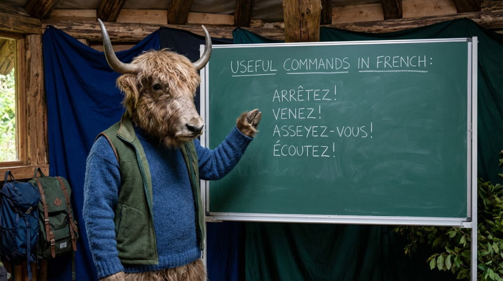 A yak teacher pointing to a whiteboard that displays the article title: Useful Commands in French