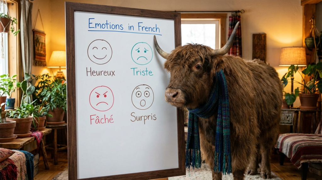 A yak teacher pointing to a whiteboard that displays Emotions in French