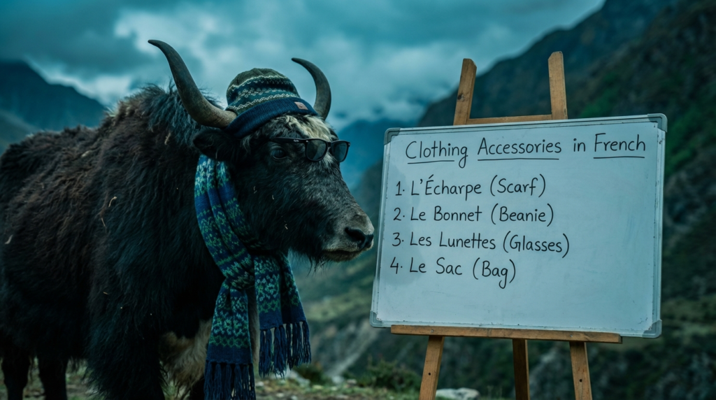 A yak teacher points at a whiteboard displaying “Clothing Accessories in French