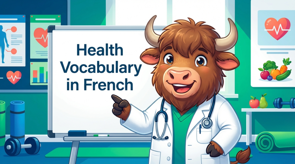 A yak teacher pointing to a whiteboard that displays “Health Vocabulary in French: 85 Essential Words & Phrases