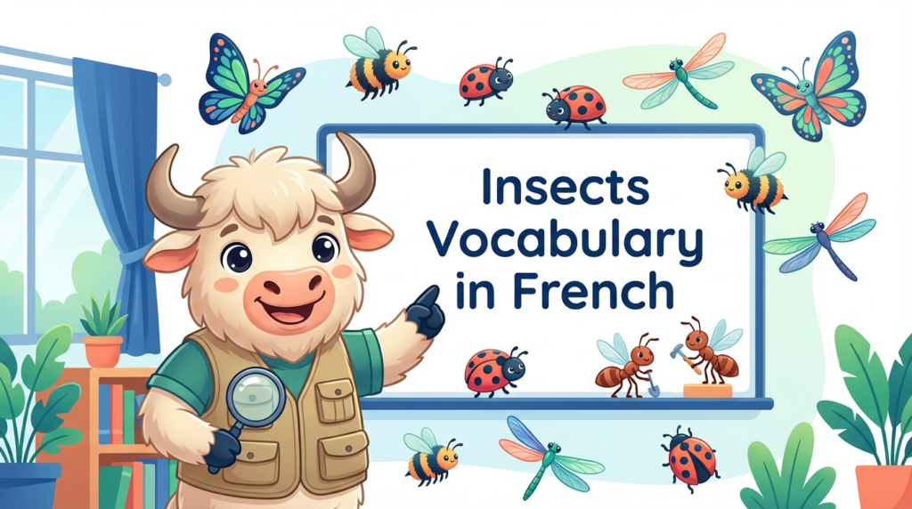 A yak teacher pointing to a whiteboard that displays French Insect Vocabulary