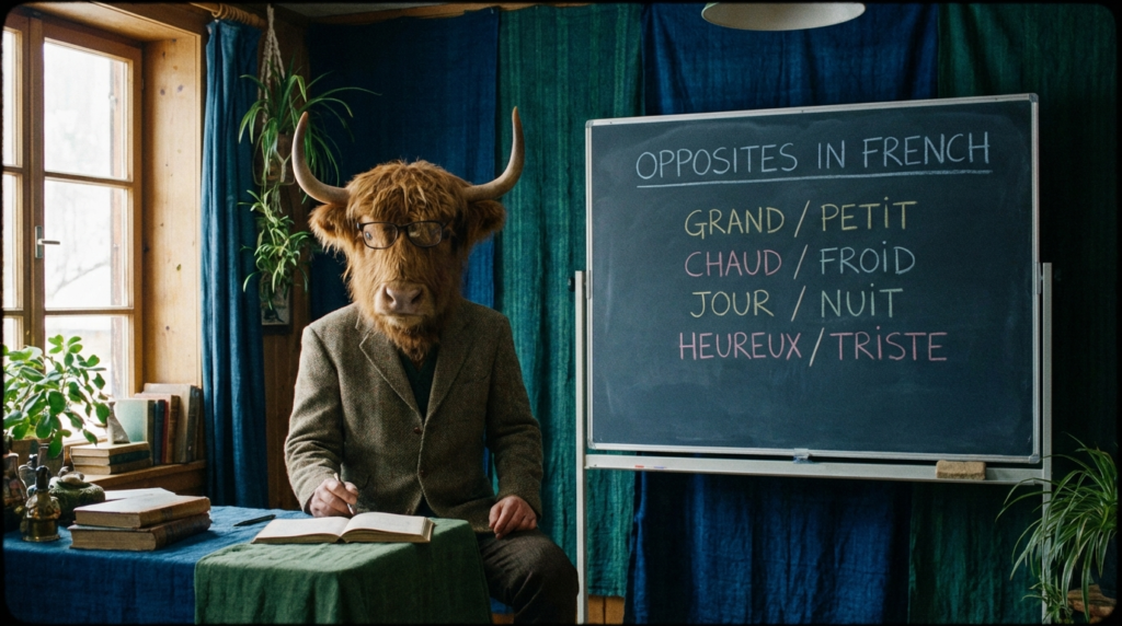 A yak teacher pointing to a whiteboard that displays the article title: French Opposites for Beginners