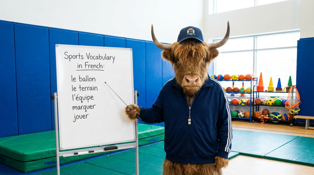 A yak teacher pointing to a whiteboard that displays the article title: French Sports Vocabulary