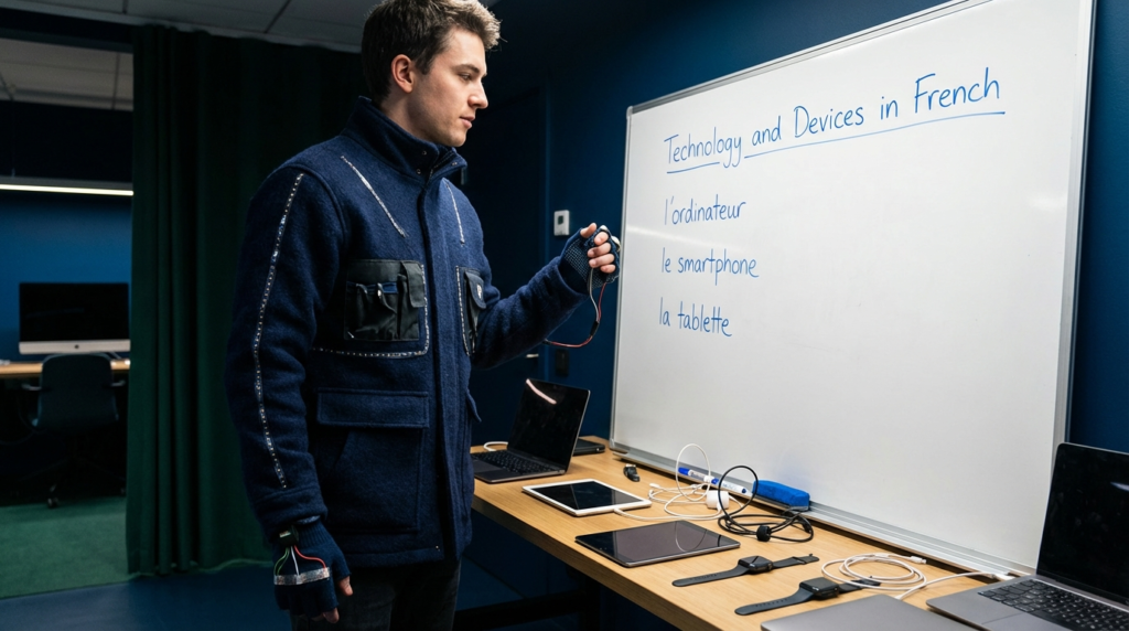 A yak teacher pointing to a whiteboard that displays Technology and Devices in French