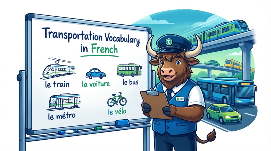 A yak teacher pointing to a whiteboard that displays the article title: French Transportation Vocabulary