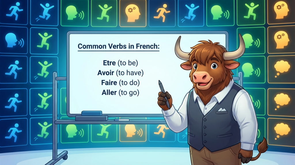 A cheerful yak French teacher points at a whiteboard reading Common French Verbs