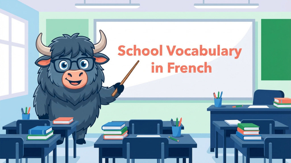 A yak teacher pointing to a whiteboard that displays the article title: School Vocabulary in French