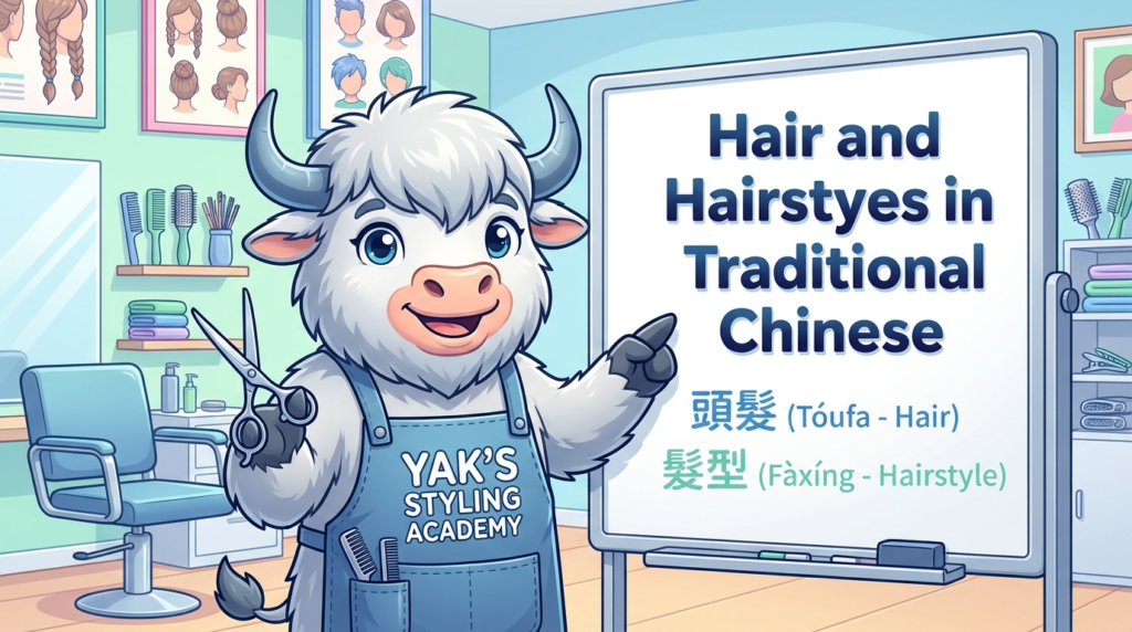 An English-speaking yak teaches Traditional Chinese, pointing to a whiteboard that says Hair and Hairstyles in Traditional Chinese