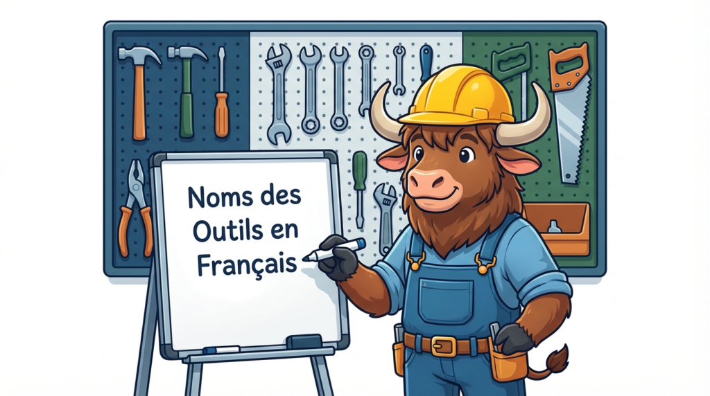 A yak teacher pointing to a whiteboard that displays French Tool Names