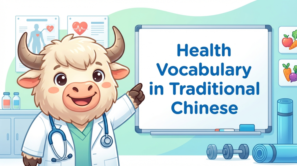 A personified yak teacher teaching Traditional Chinese, pointing to a whiteboard that says Health Vocabulary in Traditional Chinese.