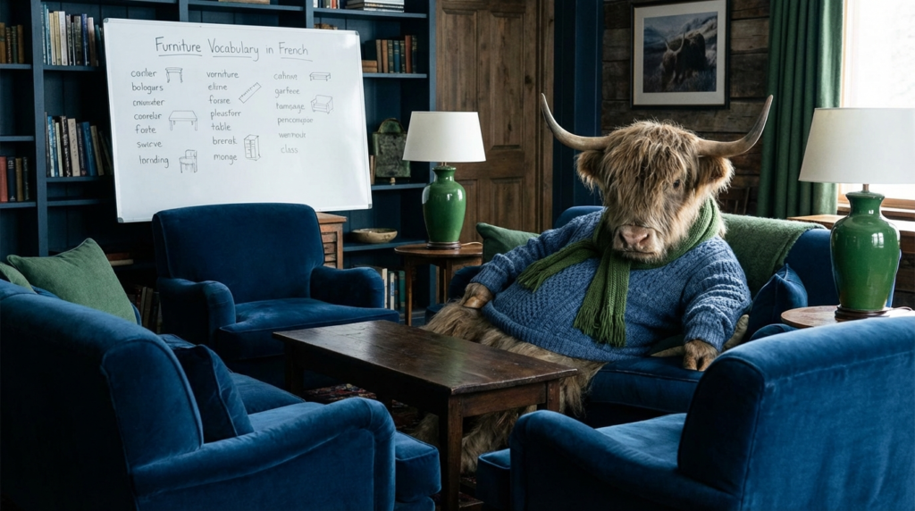 A yak teacher pointing to a whiteboard that displays French Furniture Vocabulary