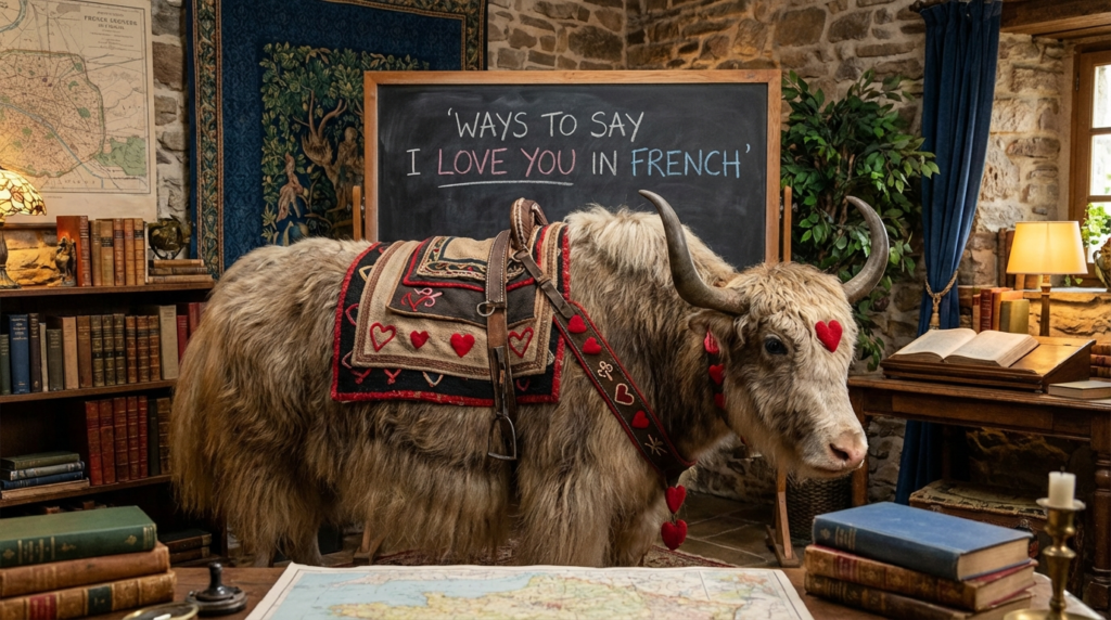 A personified yak French teacher that teaches ways to say I love you in French with romantic, family, and texting phrases.