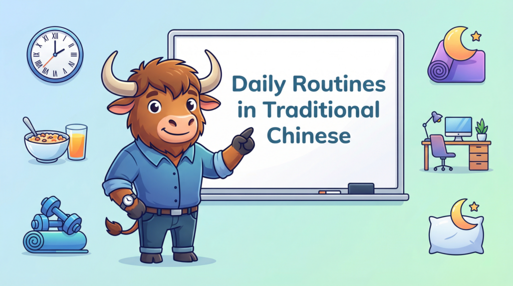 An English-speaking yak teaches Traditional Chinese, pointing to a whiteboard that says Daily Routines in Traditional Chinese
