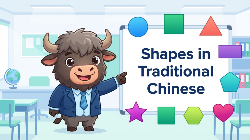 A personified yak teacher pointing to a whiteboard that says Shapes in Traditional Chinese.