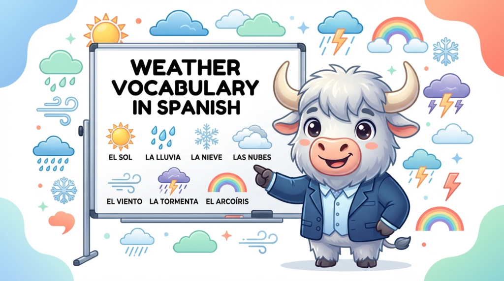 A yak teacher pointing to a whiteboard that displays the article title Weather Vocabulary in Spanish