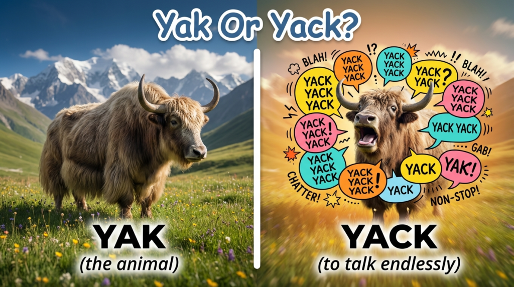 A yak animal or a yak that's talking? Two pictures displaying the difference between the words yak and yack