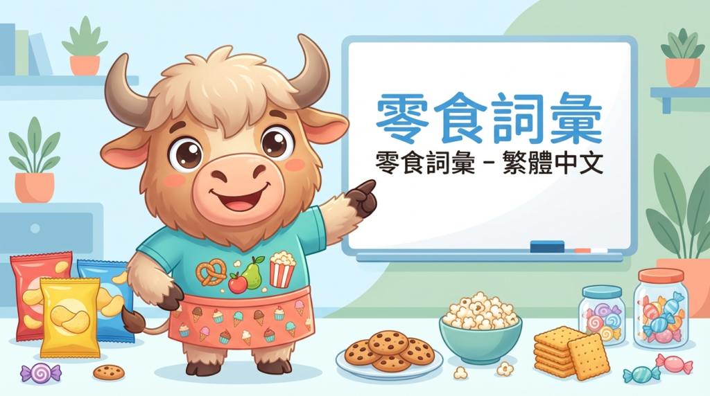 A yak teaches Traditional Chinese, pointing to a whiteboard that says Traditional Chinese Snacks Vocabulary