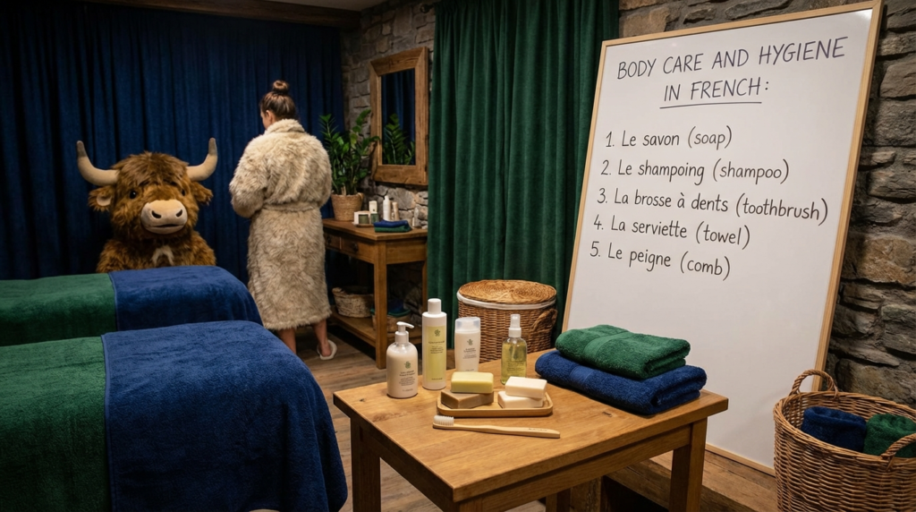 A yak teacher pointing to a whiteboard that displays the article title: Body Care and Hygiene in French