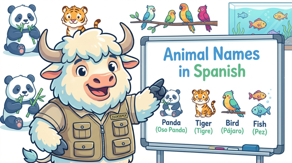 A yak teacher points to a whiteboard displaying Animal Names in Spanish