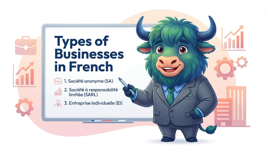 A yak teacher pointing to a whiteboard that displays the article title: Types of Businesses in French